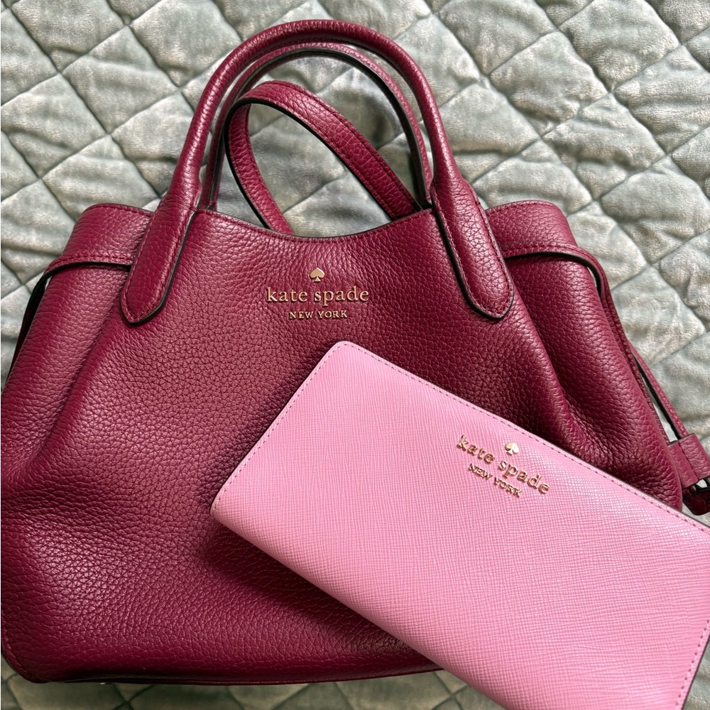 Kate Spade Maroon and Pink Dumpling Satchel with Wallet